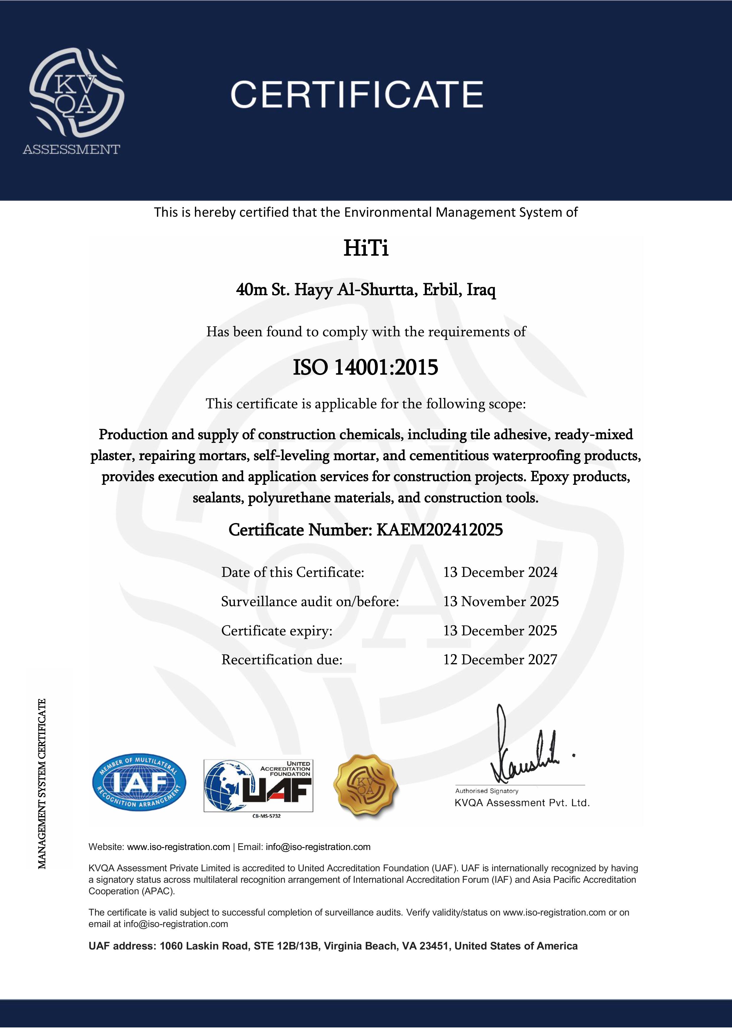 ISO 14001 Certificate